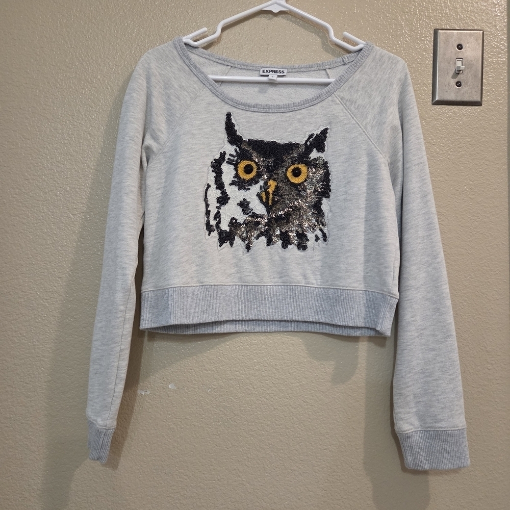 Express Women Cropped Sequin Lace Owl Heather Grey Pullover Sweater Size Small
